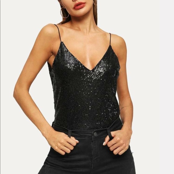 Sequin cami tank top black glamorous trendy - Picture 2 of 5